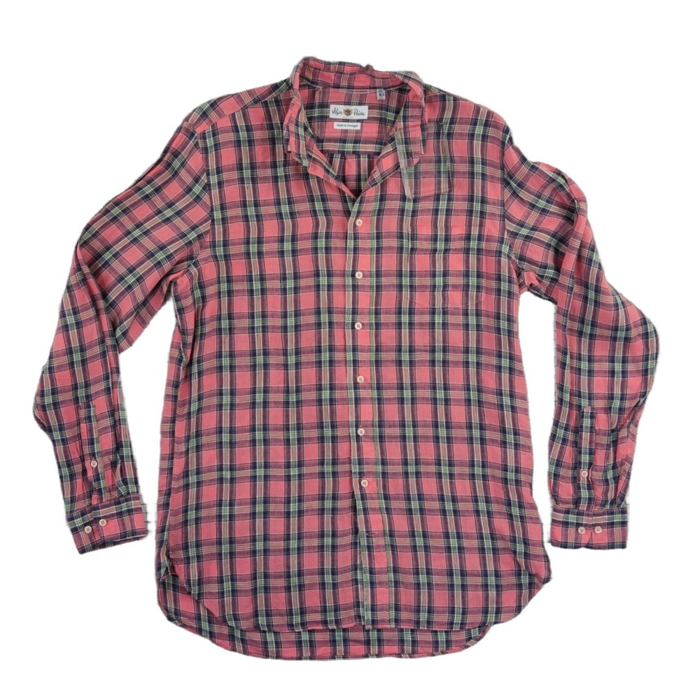 Alan Paine Pink Plaid 100% Linen Shirt Men's Size Medium Button Down Portugal‎